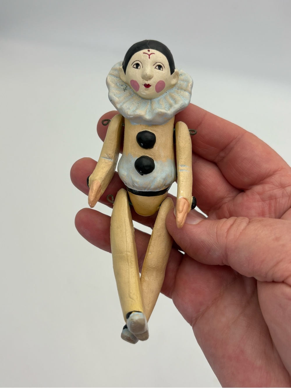 Vintage Hand-Painted Pierrot Clown Wooden Jointed Doll - Articulated